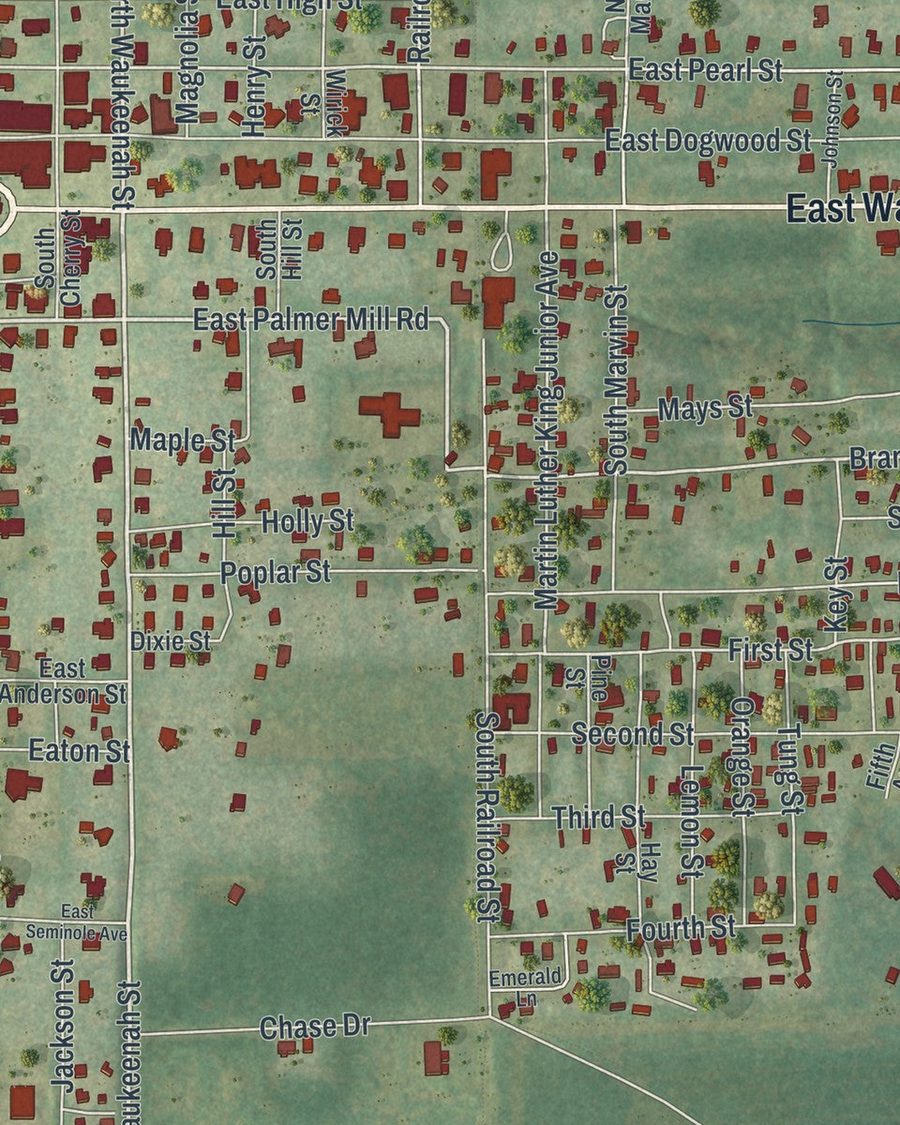 Close-up of Monticello streets on the map