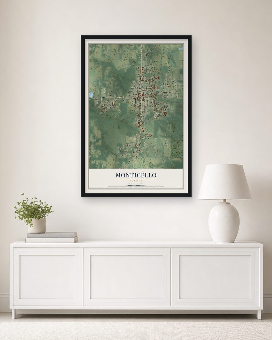 The Monticello, Florida map, 24 x 36 in, in a black wood frame on a living room wall