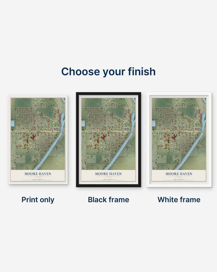 The Moore Haven, Florida map as a print only, in a black frame and in a white frame