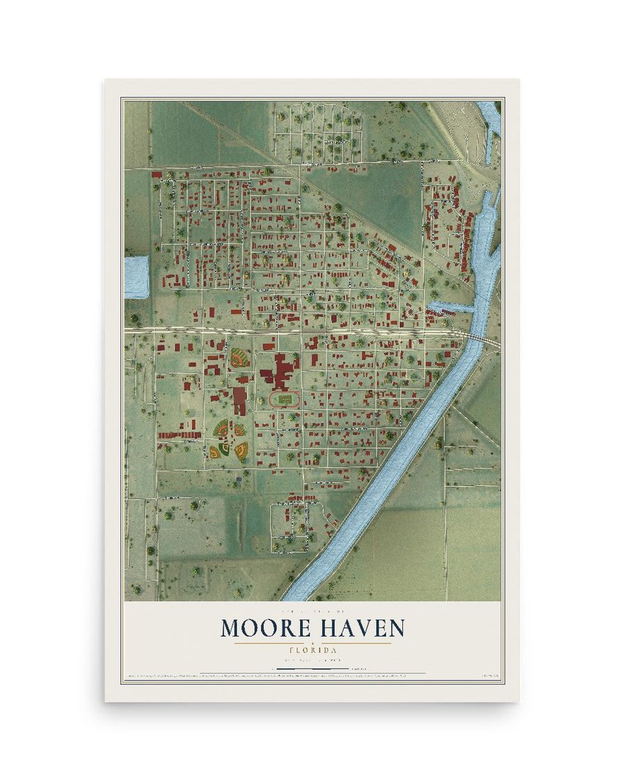 Moore Haven, Florida map print, 12 x 18 in, print only