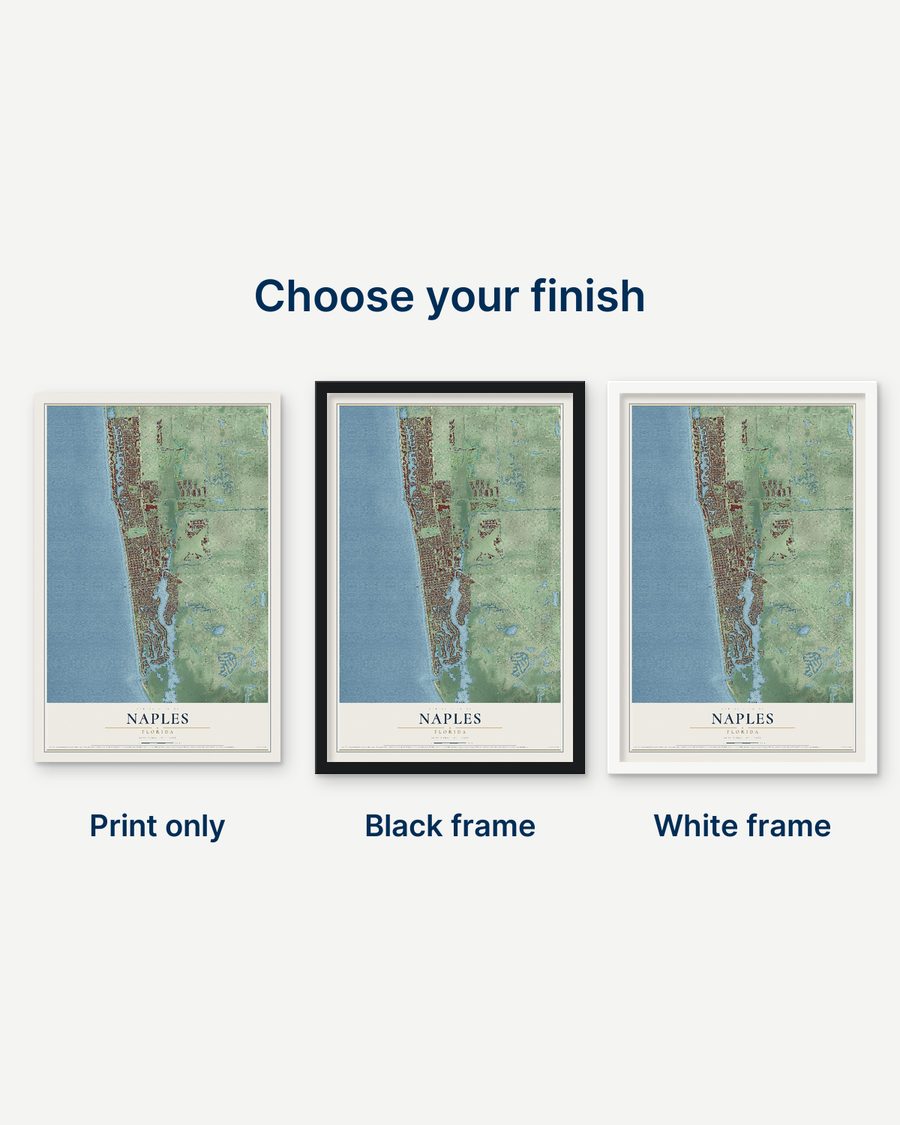 The Naples, Florida map as a print only, in a black frame and in a white frame