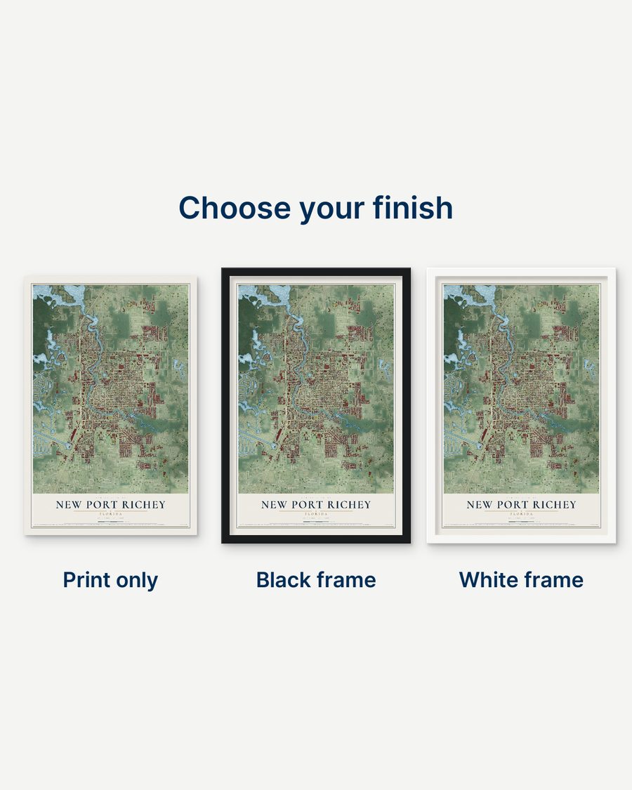 The New Port Richey, Florida map as a print only, in a black frame and in a white frame