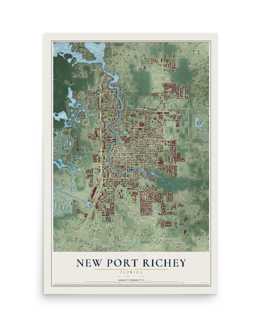 New Port Richey, Florida map print, 12 x 18 in, print only