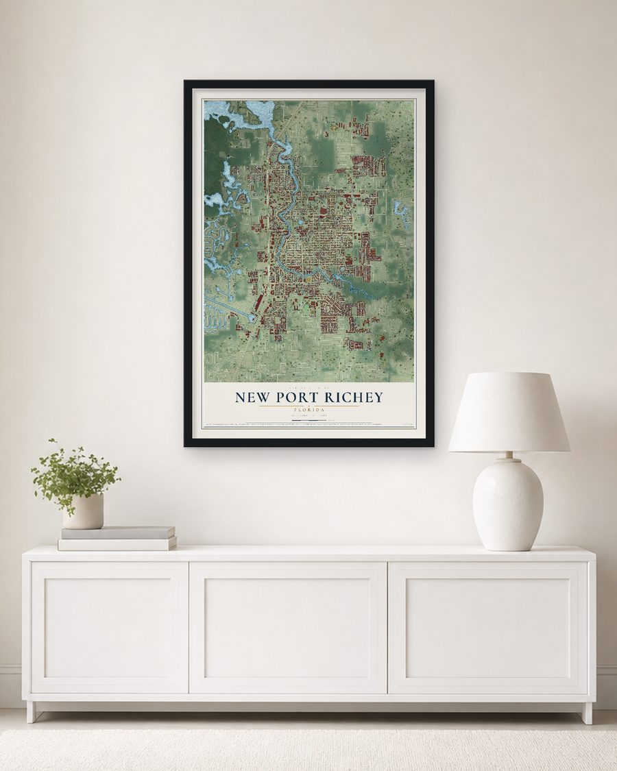The New Port Richey, Florida map, 24 x 36 in, in a black wood frame on a living room wall