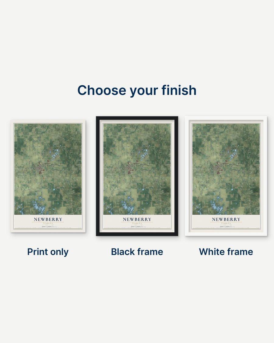 The Newberry, Florida map as a print only, in a black frame and in a white frame