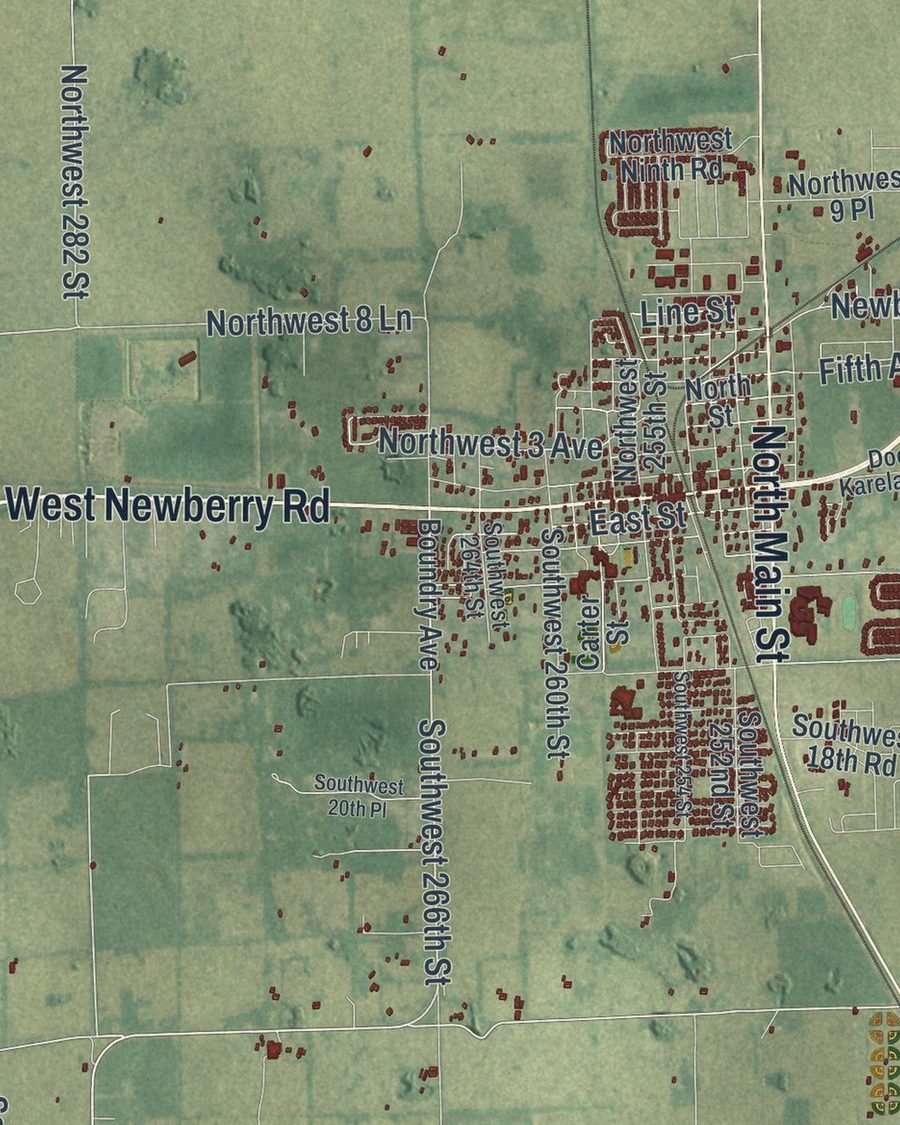 Close-up of Newberry streets on the map