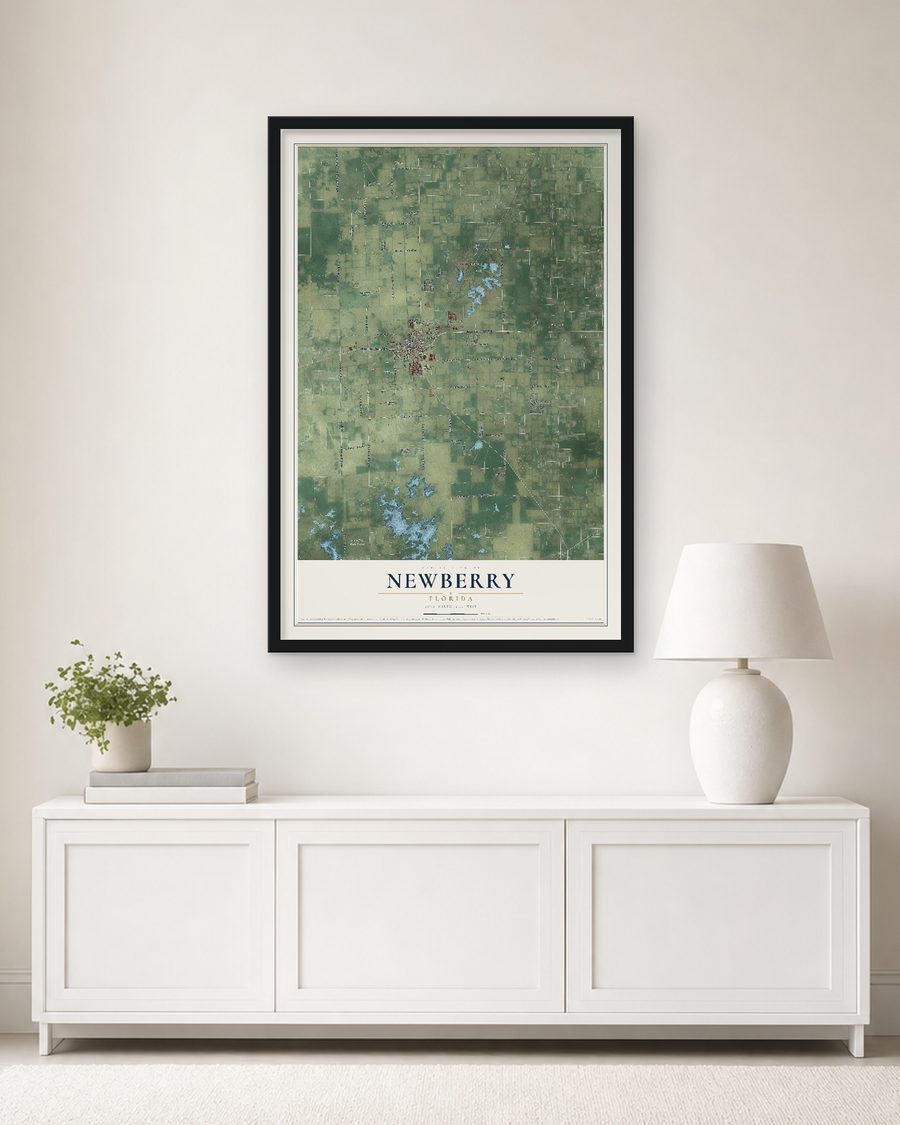 The Newberry, Florida map, 24 x 36 in, in a black wood frame on a living room wall