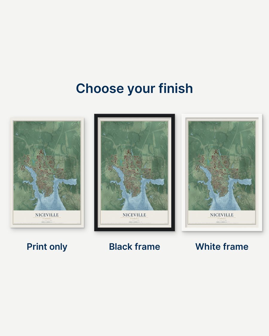 The Niceville, Florida map as a print only, in a black frame and in a white frame