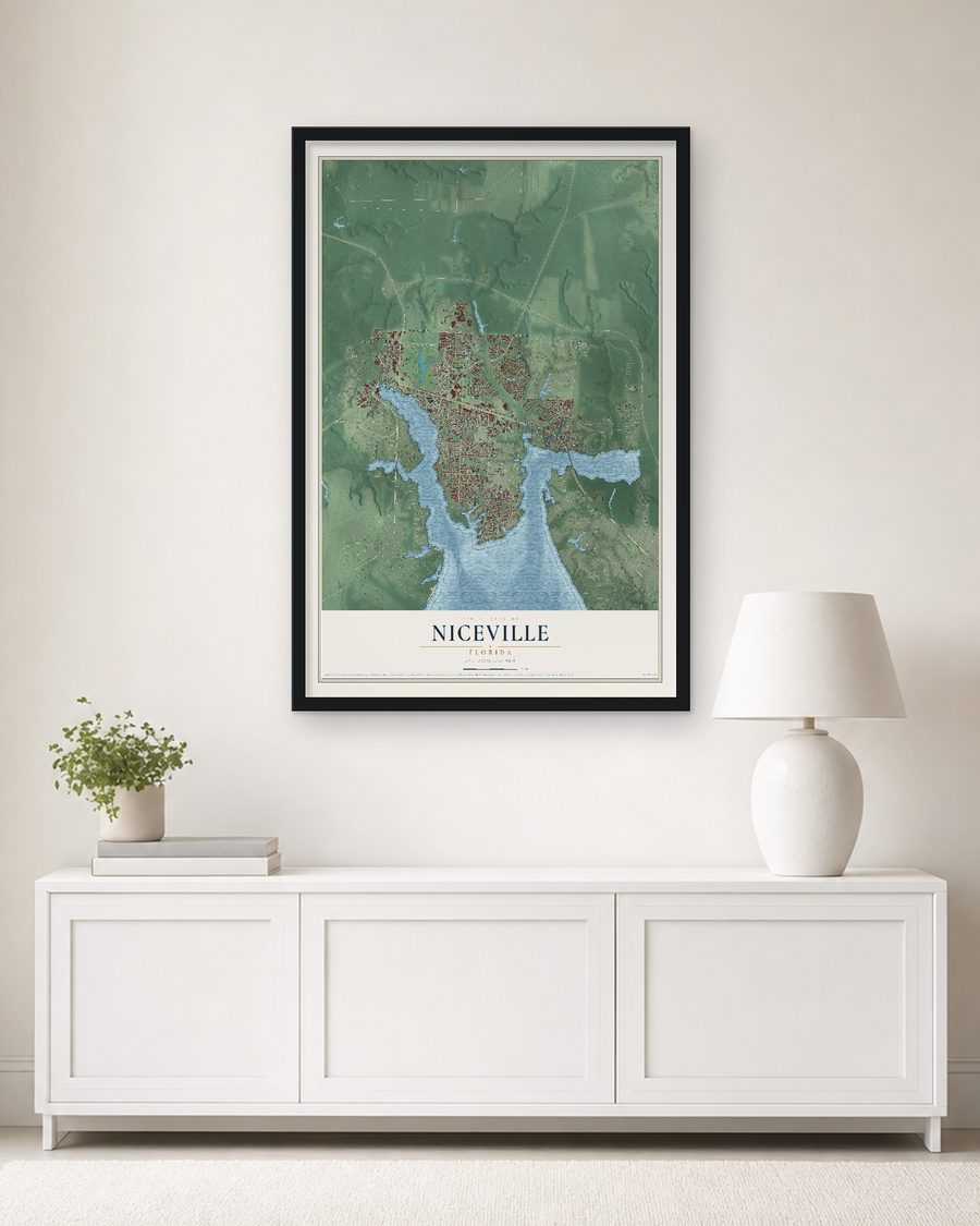 The Niceville, Florida map, 24 x 36 in, in a black wood frame on a living room wall