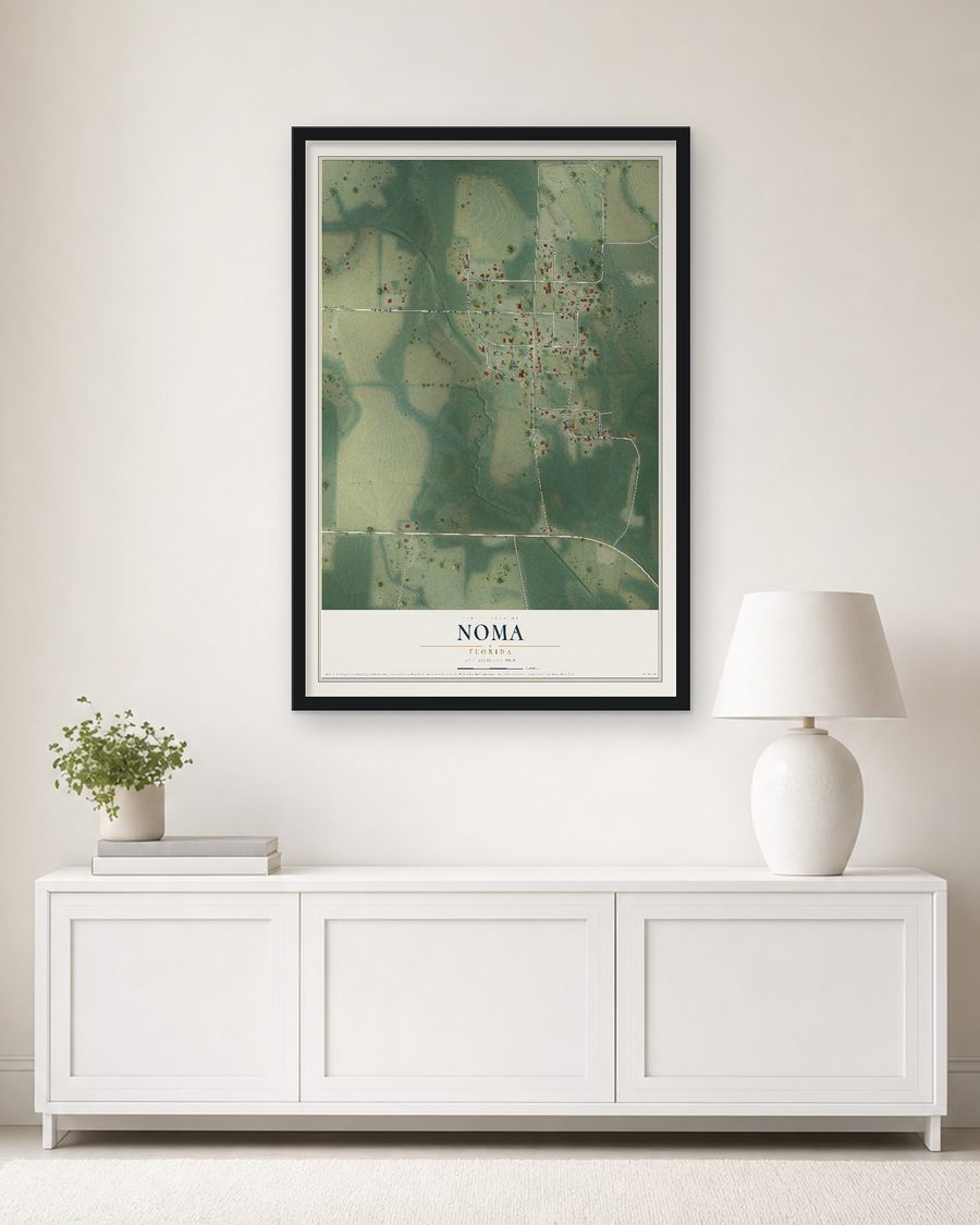 The Noma, Florida map, 24 x 36 in, in a black wood frame on a living room wall