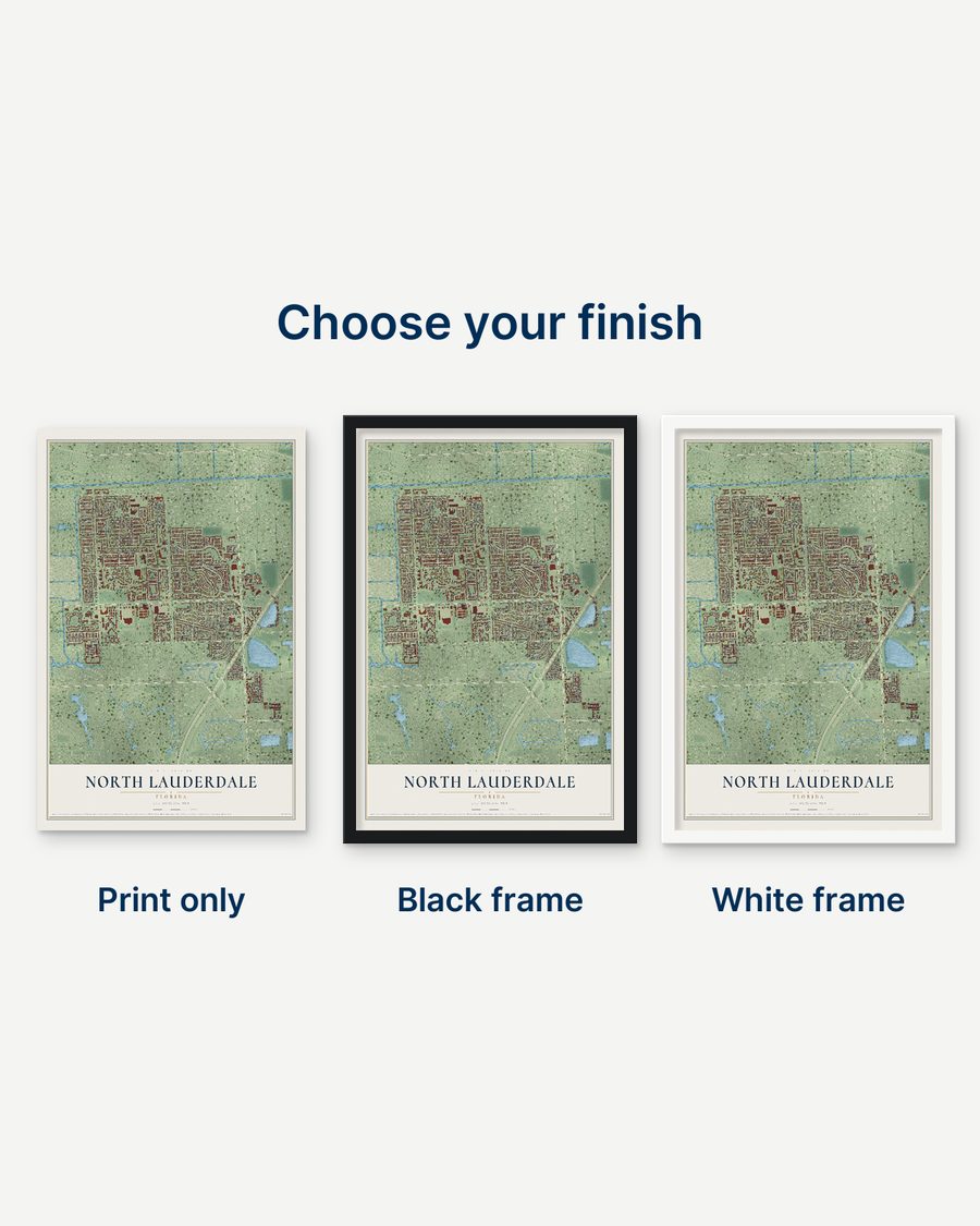 The North Lauderdale, Florida map as a print only, in a black frame and in a white frame