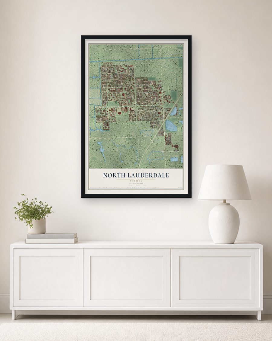 The North Lauderdale, Florida map, 24 x 36 in, in a black wood frame on a living room wall