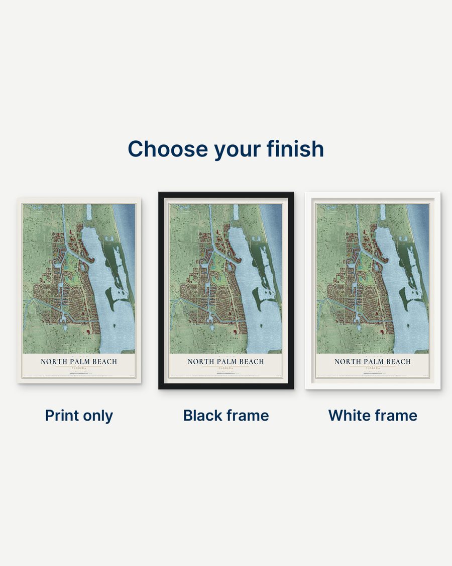 The North Palm Beach, Florida map as a print only, in a black frame and in a white frame