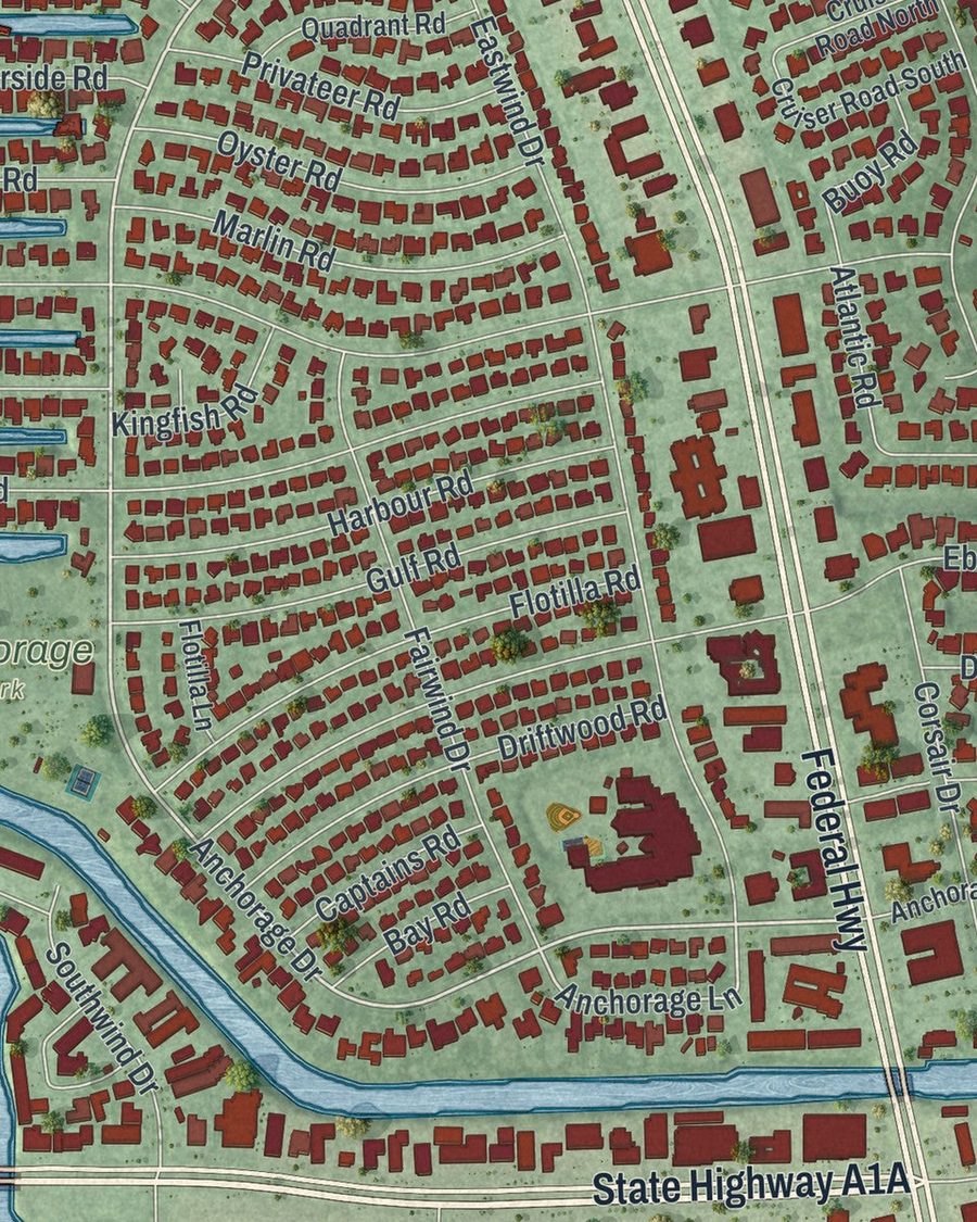 Close-up of North Palm Beach streets on the map