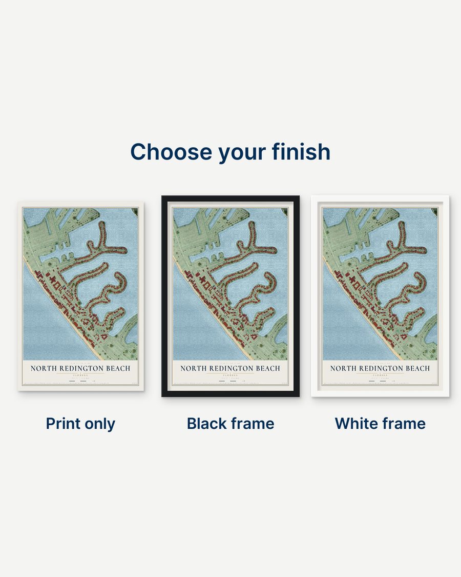 The North Redington Beach, Florida map as a print only, in a black frame and in a white frame