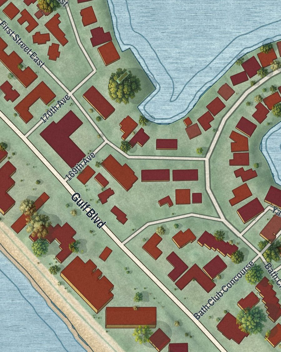 Close-up of North Redington Beach streets on the map