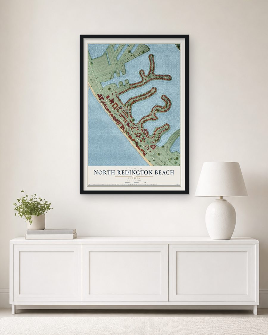 The North Redington Beach, Florida map, 24 x 36 in, in a black wood frame on a living room wall