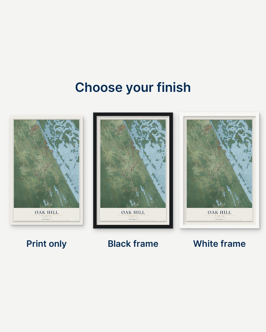 The Oak Hill, Florida map as a print only, in a black frame and in a white frame