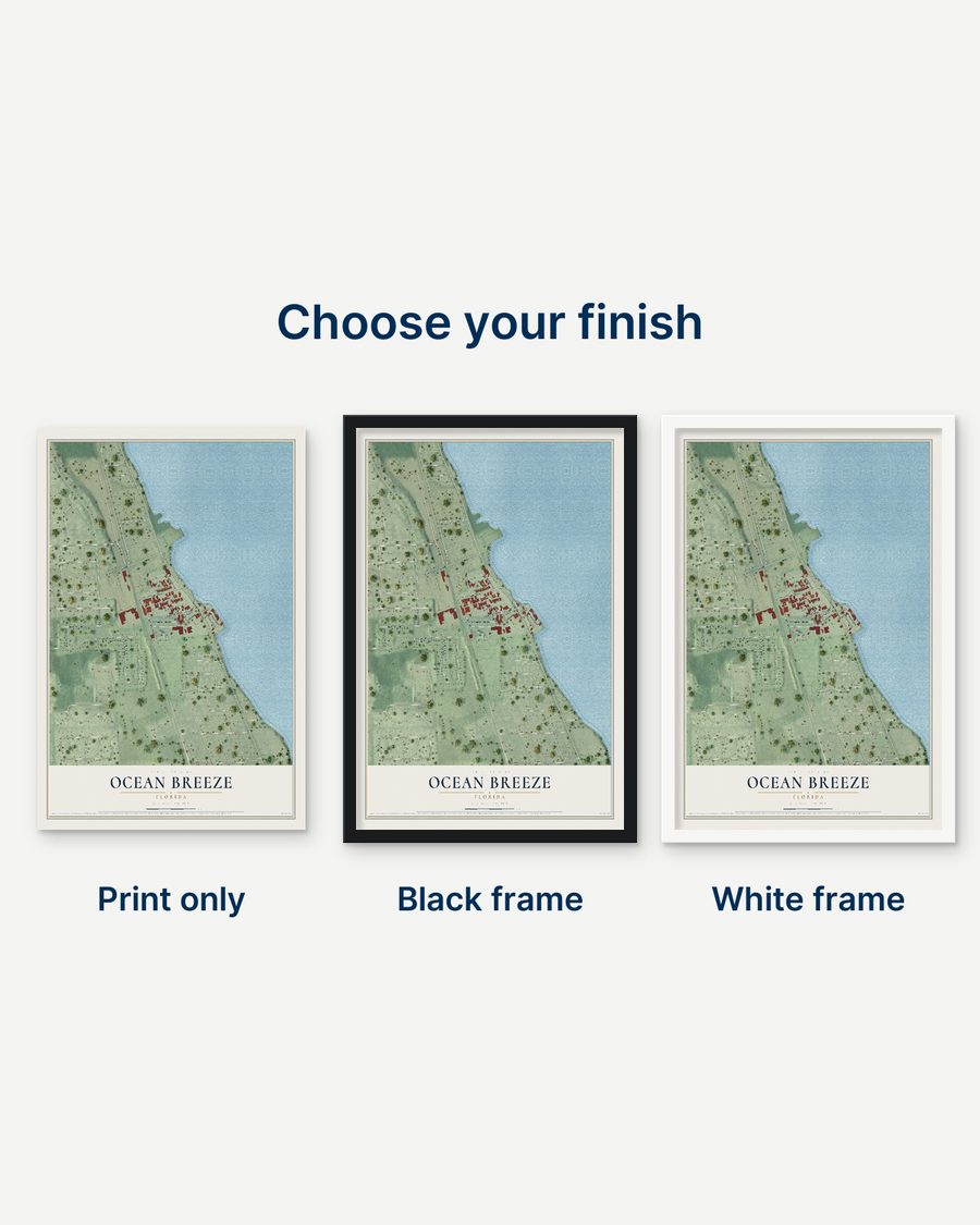 The Ocean Breeze, Florida map as a print only, in a black frame and in a white frame