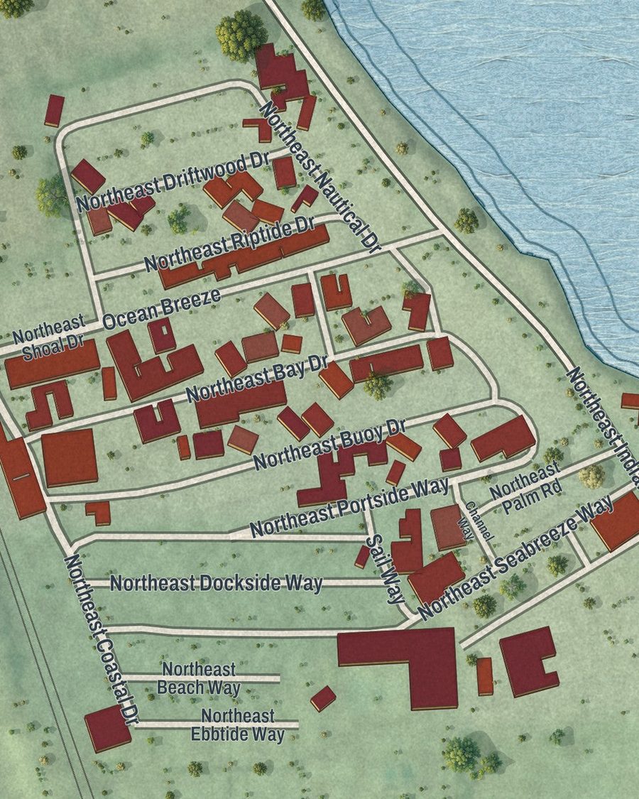 Close-up of Ocean Breeze streets on the map