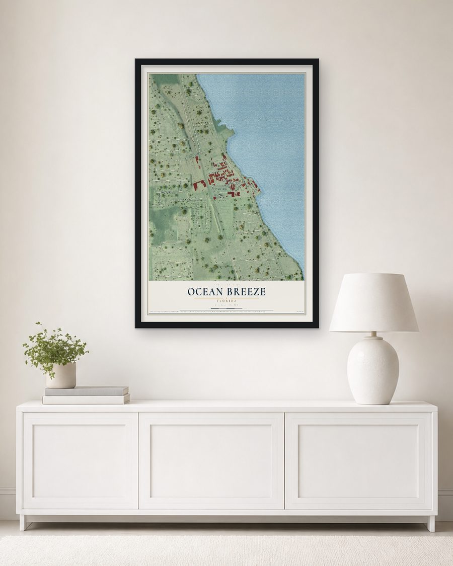 The Ocean Breeze, Florida map, 24 x 36 in, in a black wood frame on a living room wall