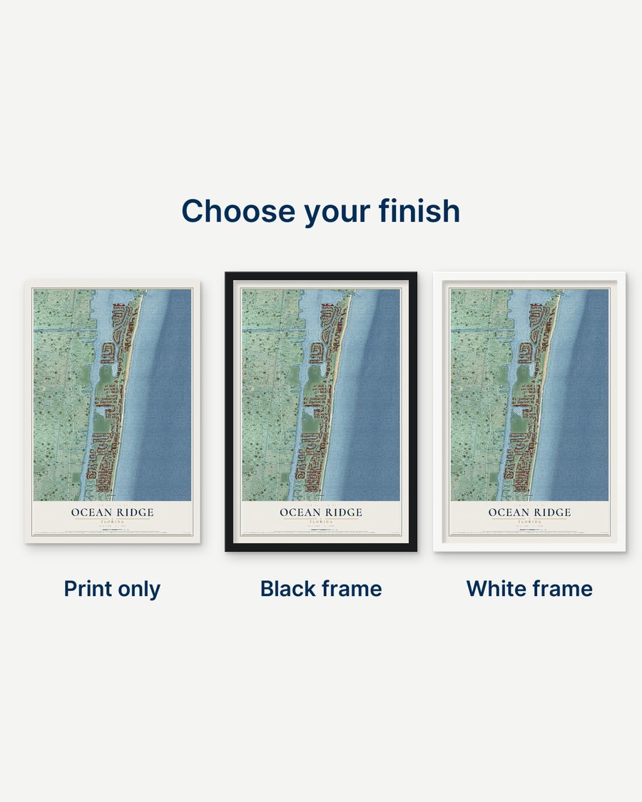 The Ocean Ridge, Florida map as a print only, in a black frame and in a white frame