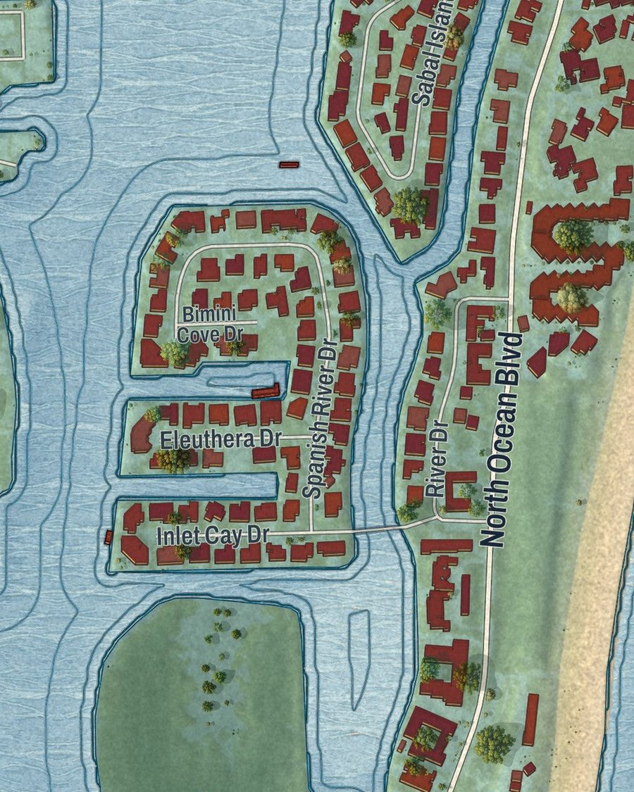Close-up of Ocean Ridge streets on the map