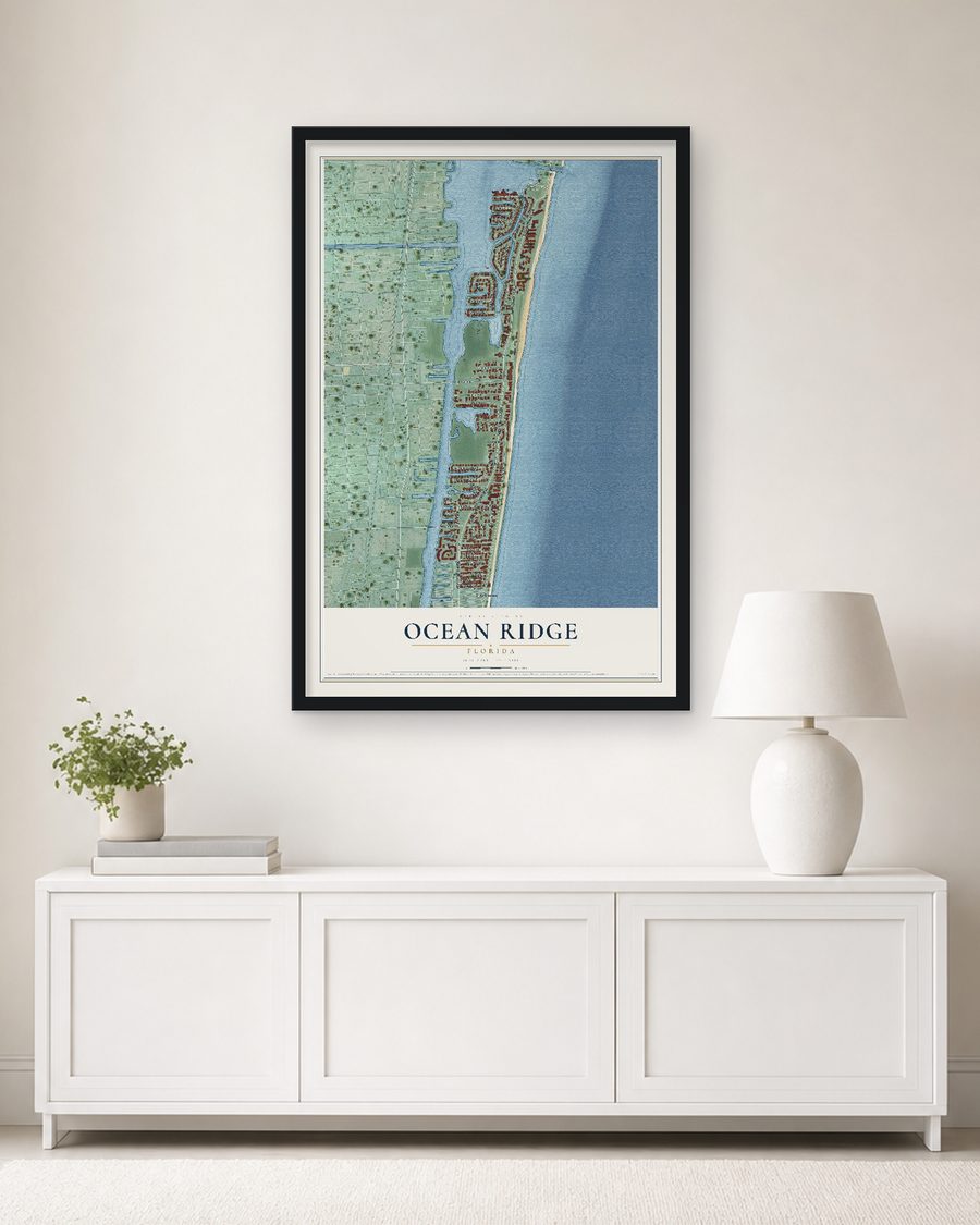 The Ocean Ridge, Florida map, 24 x 36 in, in a black wood frame on a living room wall
