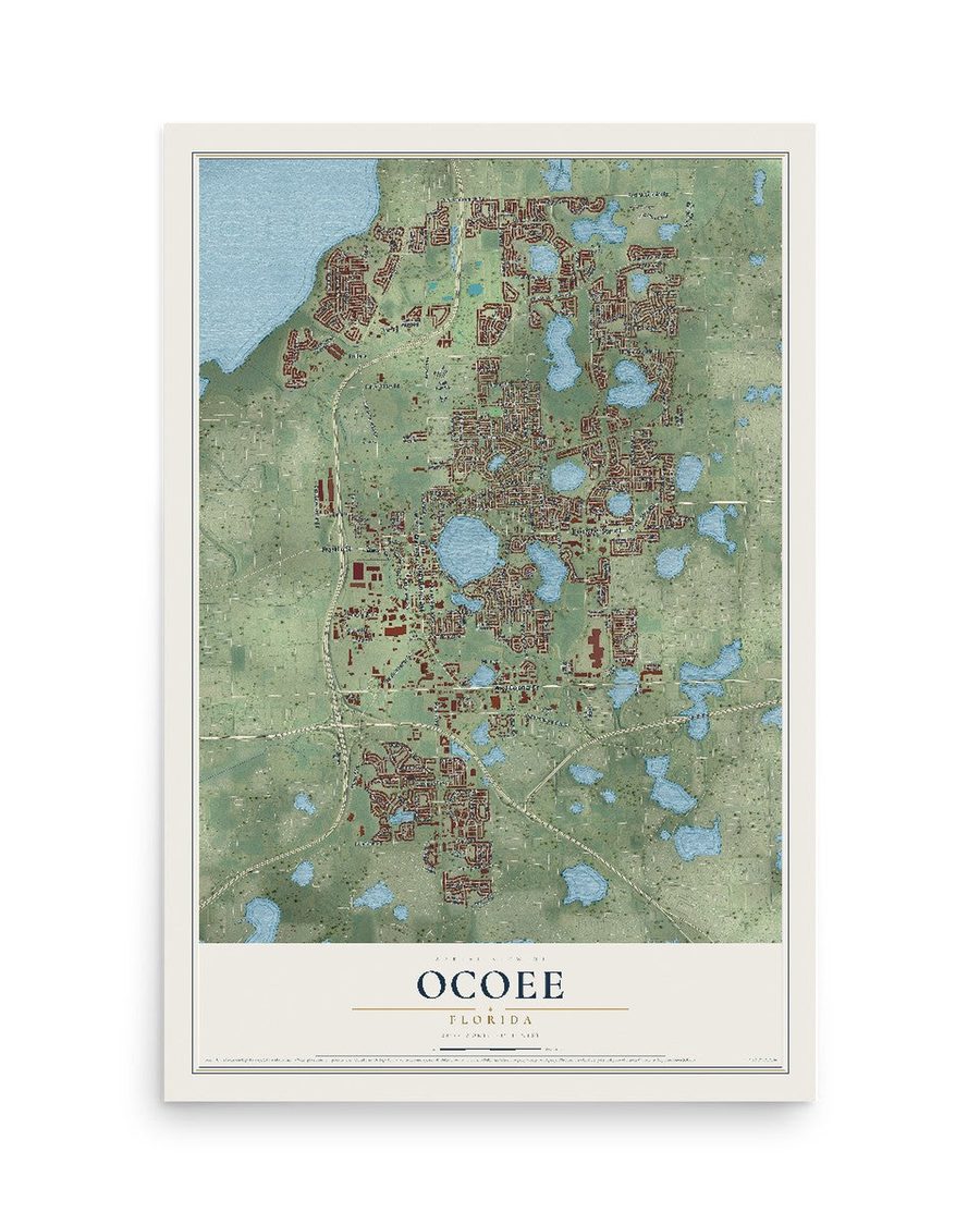 Ocoee, Florida map print, 12 x 18 in, print only