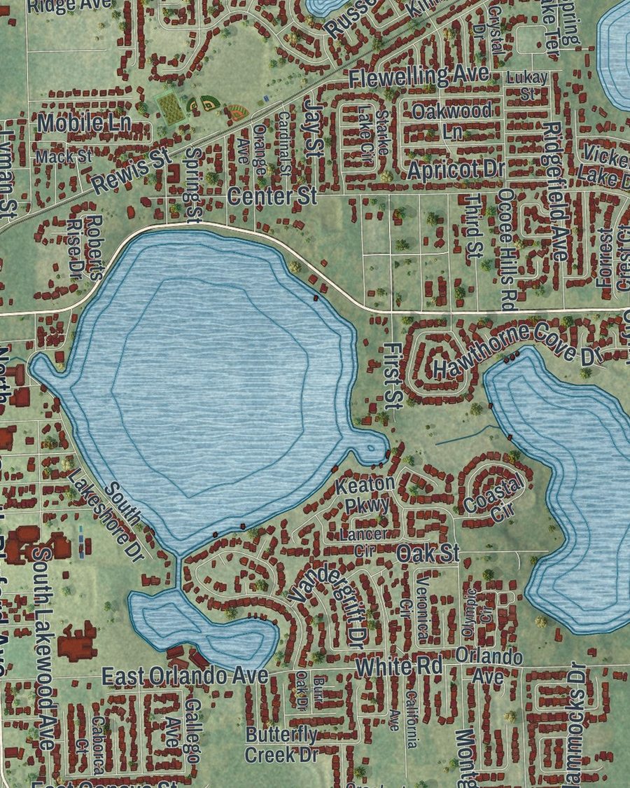 Close-up of Ocoee streets on the map