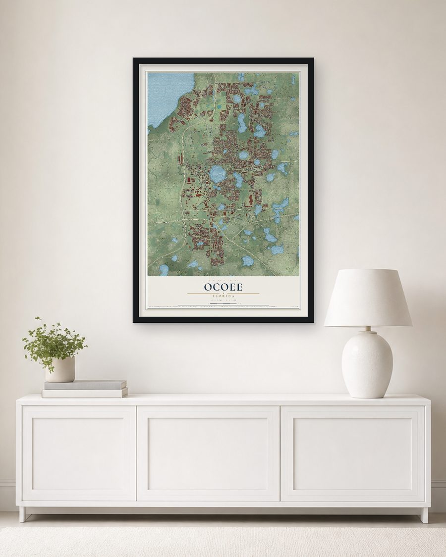 The Ocoee, Florida map, 24 x 36 in, in a black wood frame on a living room wall