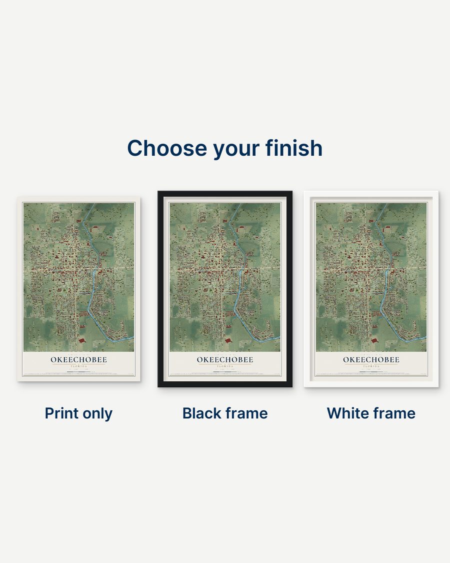 The Okeechobee, Florida map as a print only, in a black frame and in a white frame