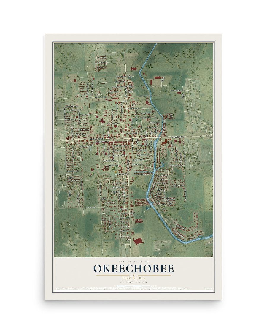 Okeechobee, Florida map print, 12 x 18 in, print only