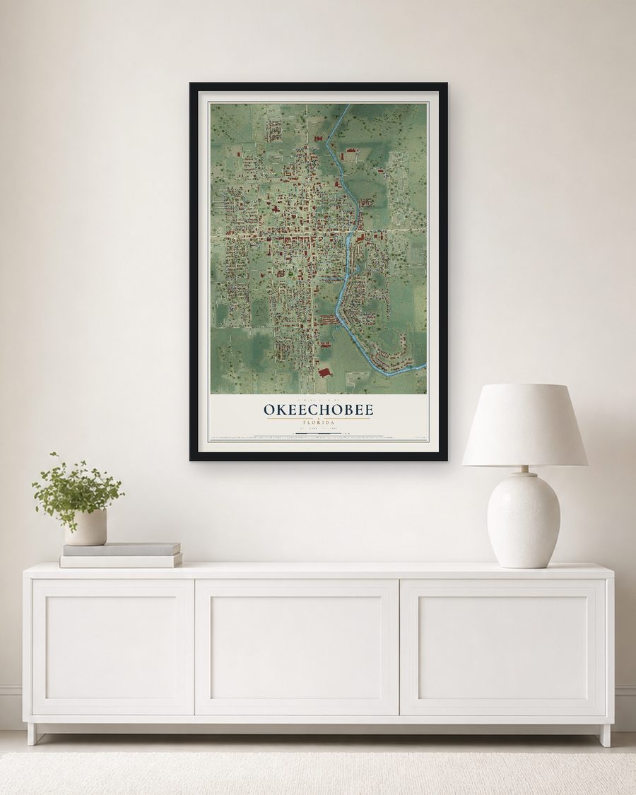The Okeechobee, Florida map, 24 x 36 in, in a black wood frame on a living room wall
