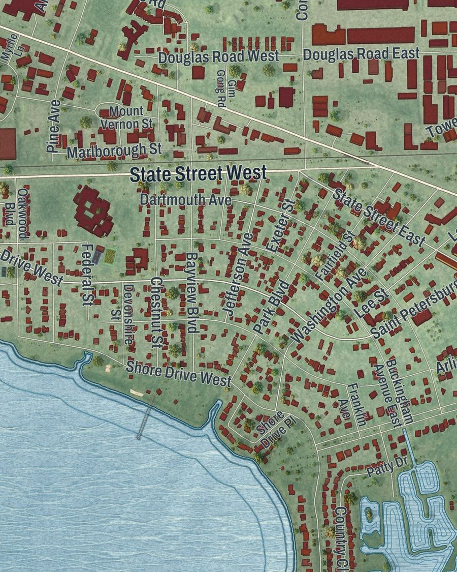 Close-up of Oldsmar streets on the map