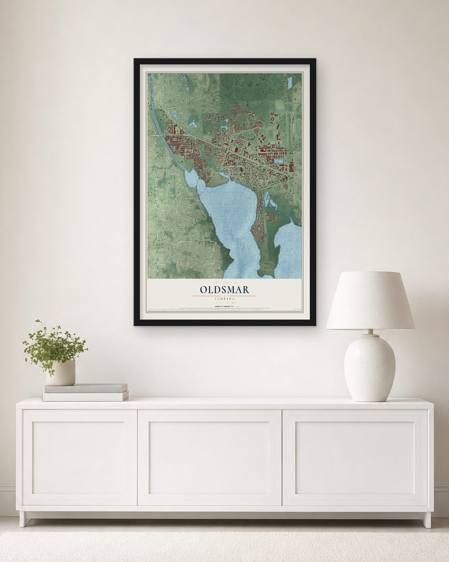 The Oldsmar, Florida map, 24 x 36 in, in a black wood frame on a living room wall