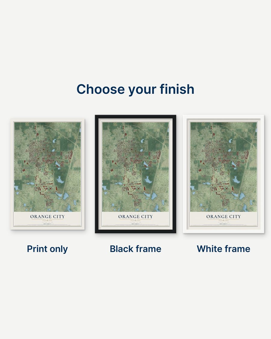 The Orange City, Florida map as a print only, in a black frame and in a white frame