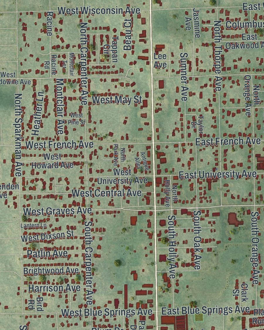 Close-up of Orange City streets on the map