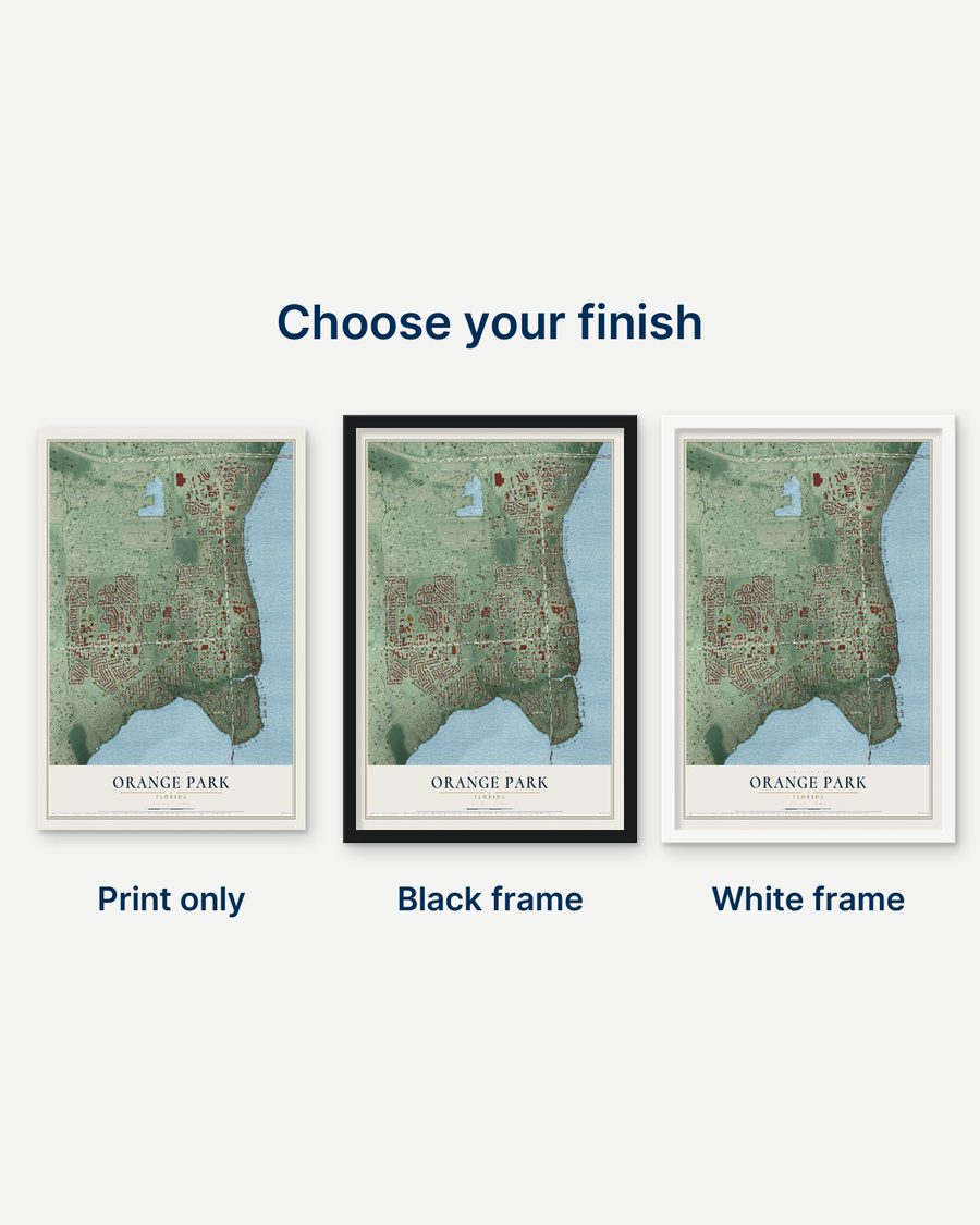 The Orange Park, Florida map as a print only, in a black frame and in a white frame