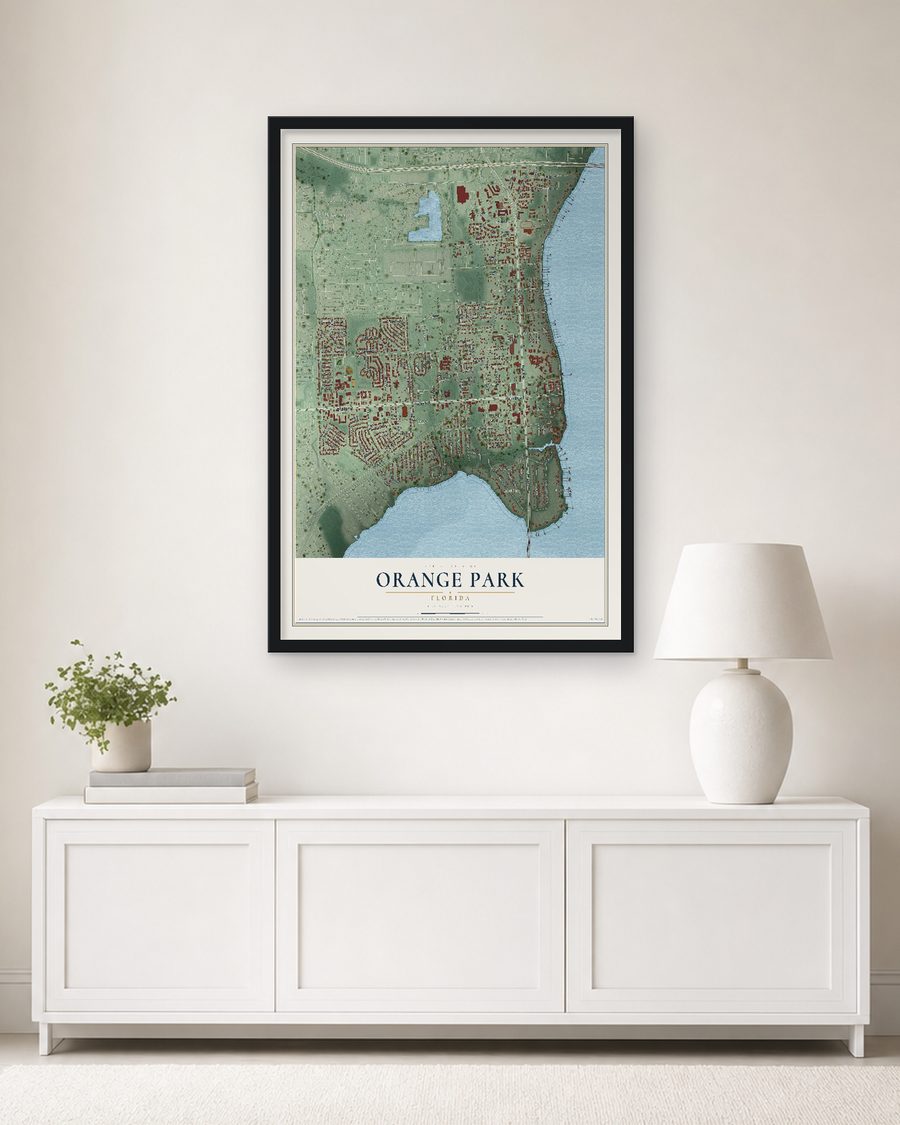 The Orange Park, Florida map, 24 x 36 in, in a black wood frame on a living room wall