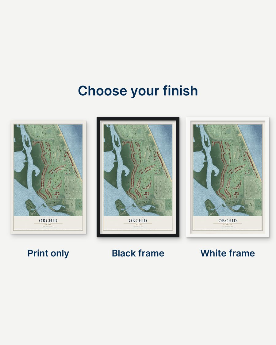 The Orchid, Florida map as a print only, in a black frame and in a white frame