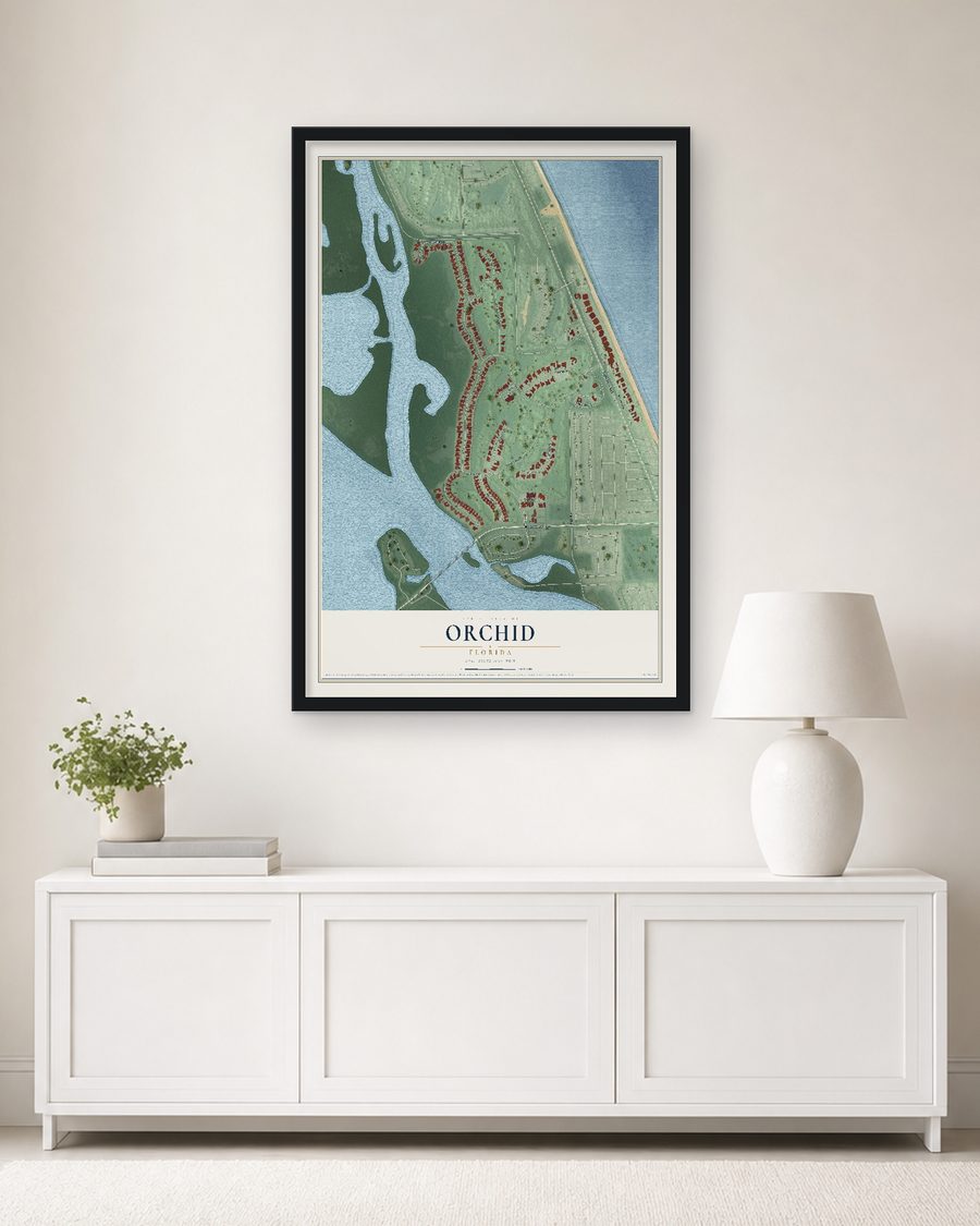The Orchid, Florida map, 24 x 36 in, in a black wood frame on a living room wall