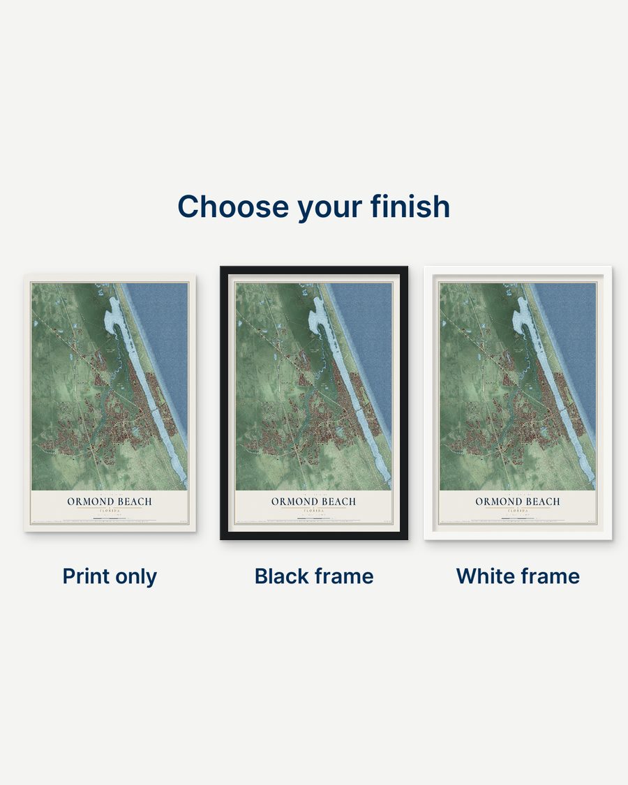 The Ormond Beach, Florida map as a print only, in a black frame and in a white frame