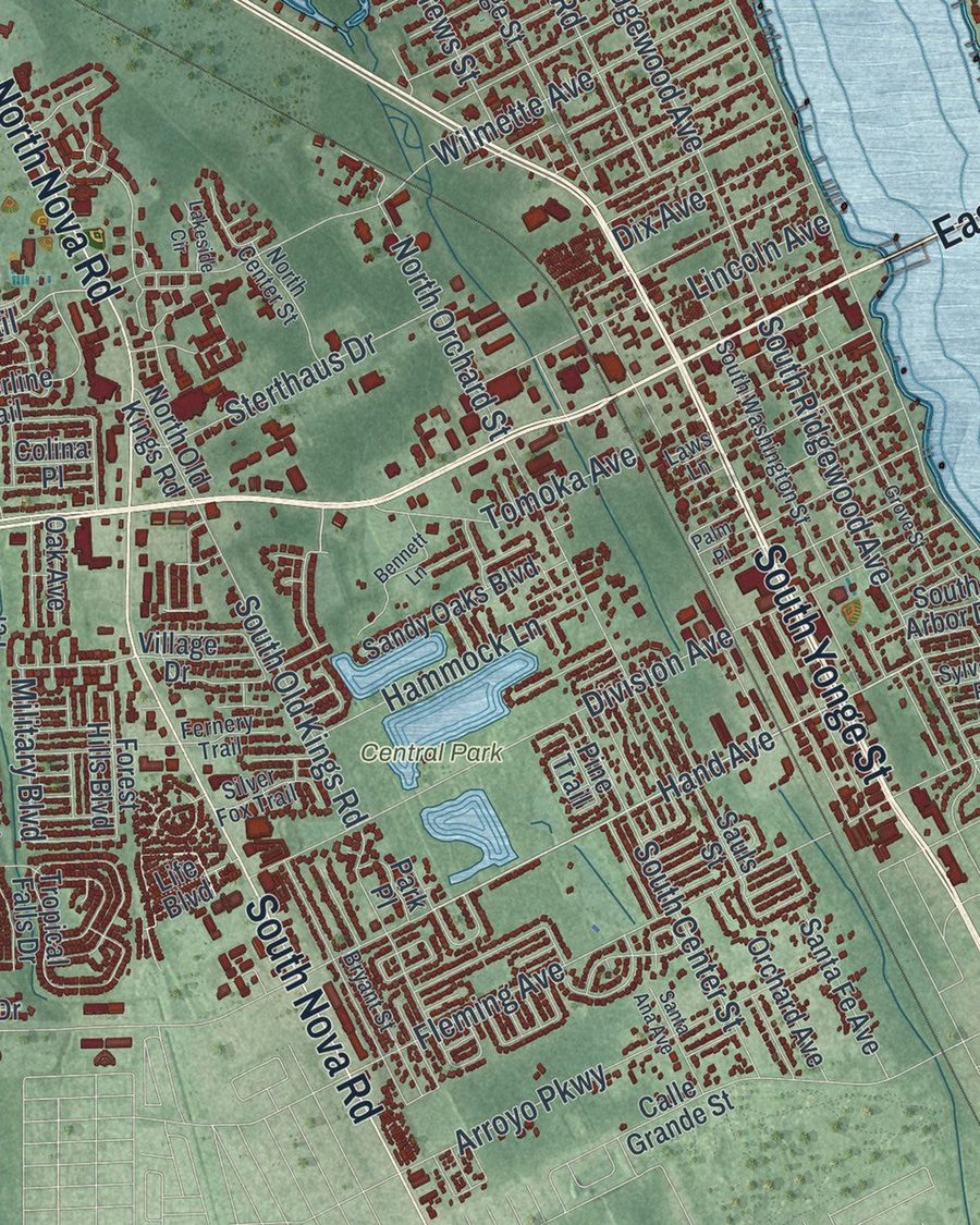 Close-up of Ormond Beach streets on the map