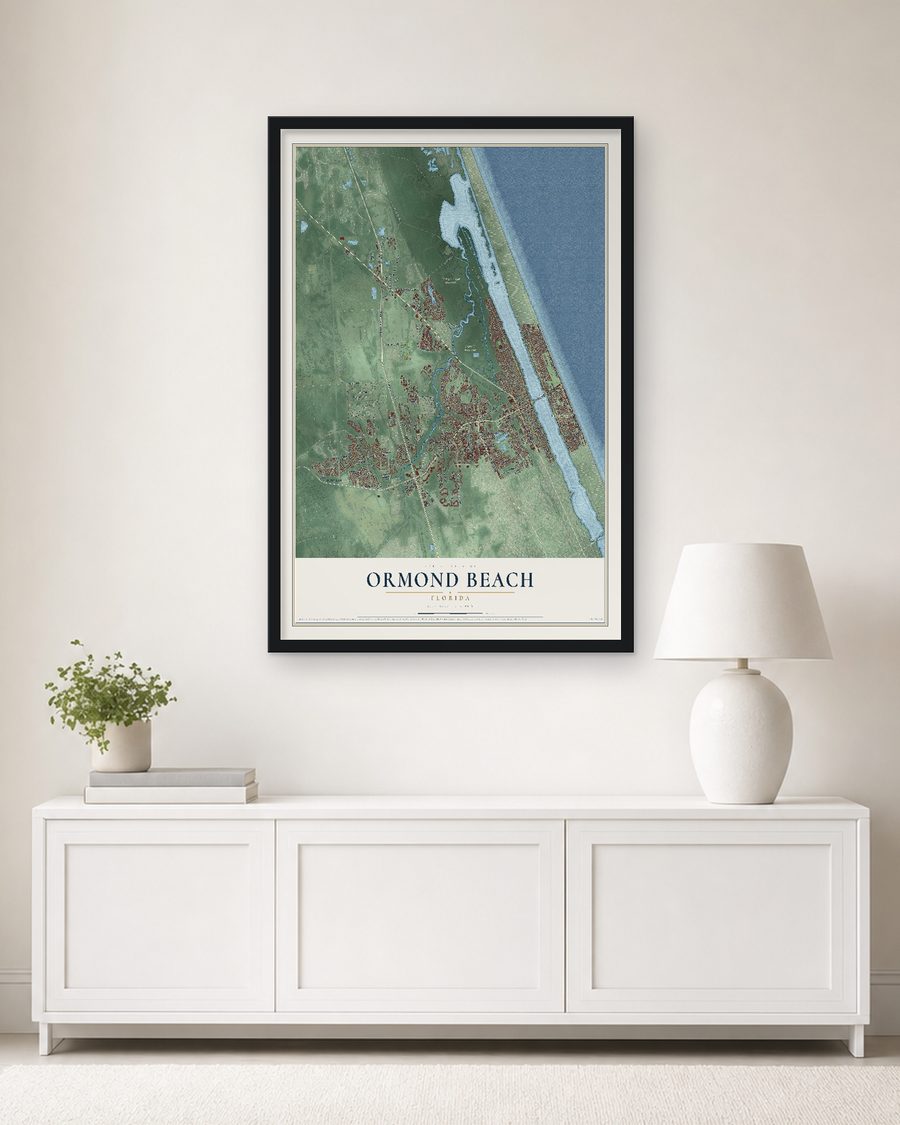 The Ormond Beach, Florida map, 24 x 36 in, in a black wood frame on a living room wall