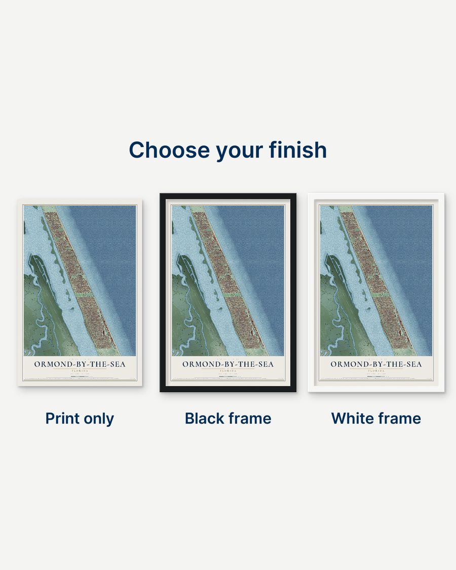 The Ormond-by-the-Sea, Florida map as a print only, in a black frame and in a white frame