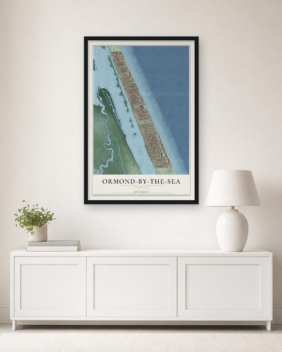 The Ormond-by-the-Sea, Florida map, 24 x 36 in, in a black wood frame on a living room wall