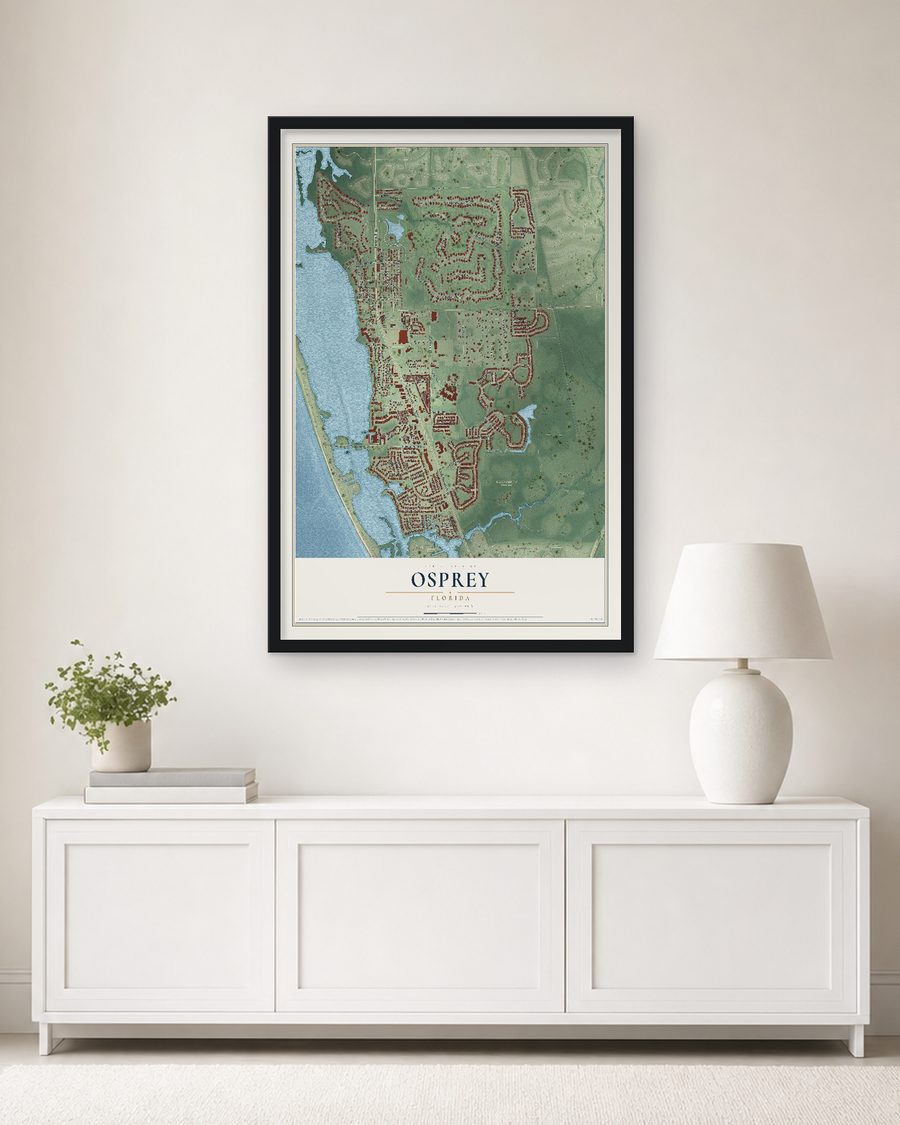 The Osprey, Florida map, 24 x 36 in, in a black wood frame on a living room wall
