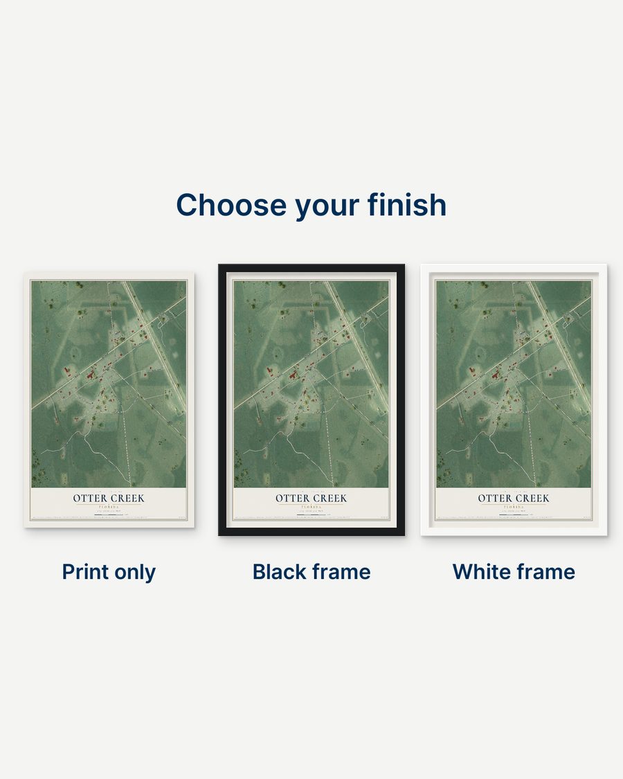 The Otter Creek, Florida map as a print only, in a black frame and in a white frame