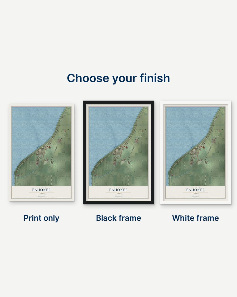 The Pahokee, Florida map as a print only, in a black frame and in a white frame